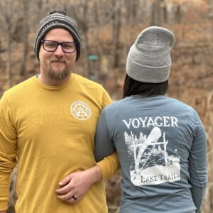 Mustard Yellow and Blue Heather Long Sleeve Tshirt with Voyager Logo on Back